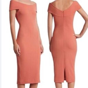 Dress the Population Off-Shoulder Midi Dress in Coral